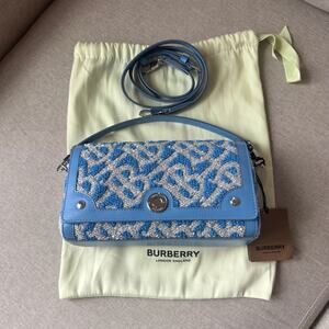 Burberry Note Logo Small Cornflower Blue Grey Sequin Crossbody NEW Logo Handbag